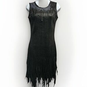 Elie Tahari Black Leather Fringe Mesh Sheer Dress Size 4 Flapper